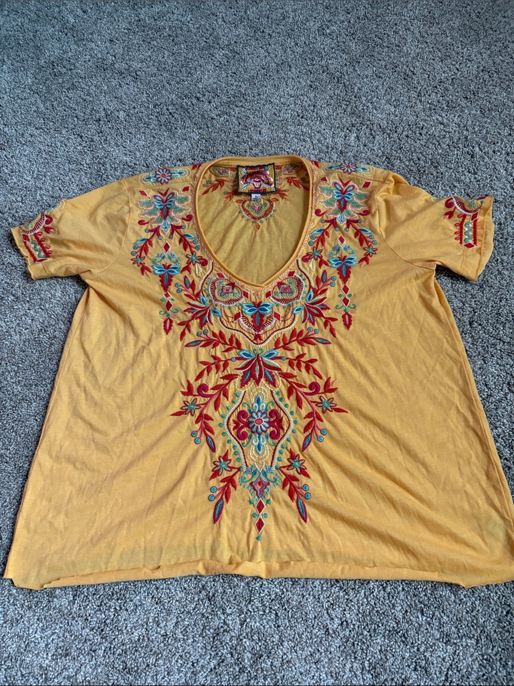 Embroidered V-Neck Women’s Top in Mustard Yellow